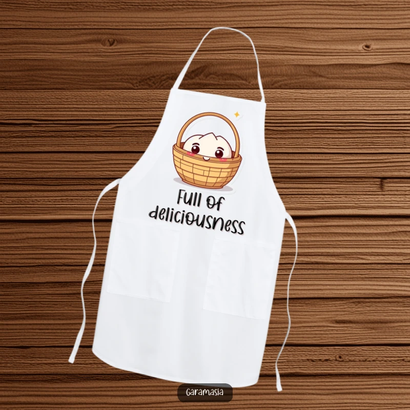 Funny apron featuring a kawaii dim sum basket character with a delighted and beaming expression. A humorous kitchen essential.