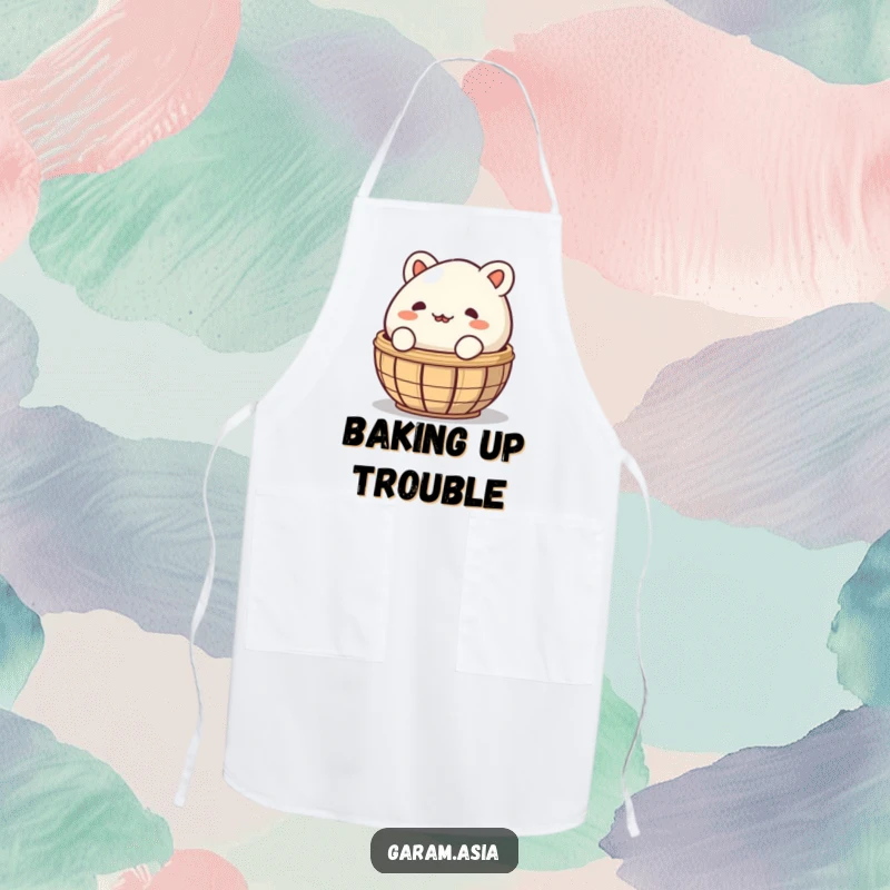 A funny kitchen apron featuring a mischievous bao bun peeking from behind a steaming basket; perfect for a cook with a playful side.