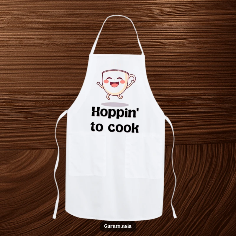 A funny kitchen apron featuring a laughing boba tea cup with wobbly legs doing a silly hop; perfect for a fun cook.