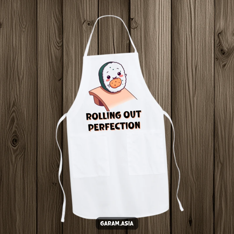 Funny kawaii smiling sushi roll character rolling down a ramp on a cute kitchen apron.
