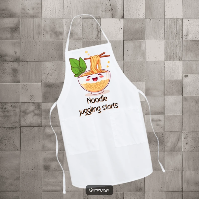 A funny kitchen apron featuring a cheerful bowl of ramen juggling chopsticks; perfect for a cook who loves food and fun.