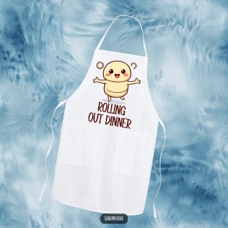 Funny apron featuring a kawaii spring roll character in a joyful twirl. A humorous and functional kitchen essential.