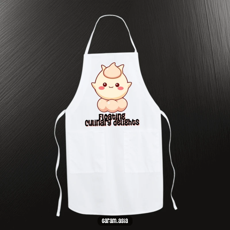 Funny apron featuring a kawaii wonton character cheerfully floating on a bubble. A humorous and functional kitchen essential.