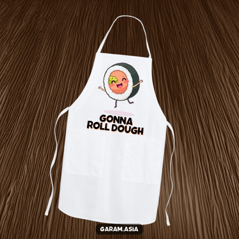 A funny kitchen apron featuring a smiling sushi roll doing a joyful cartwheel; perfect for a cook who loves food and fun.