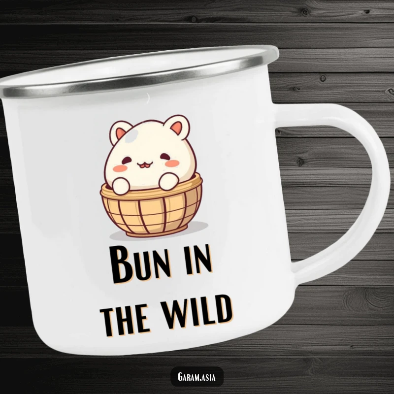 A sturdy camping mug featuring a funny bao bun peeking from behind a steaming basket; perfect for enjoying drinks outdoors with humor.