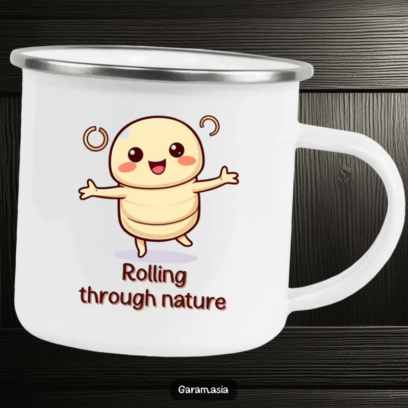 Funny camping mug with a kawaii spring roll character in a delightful twirl. A durable and funny gift for adventurers.