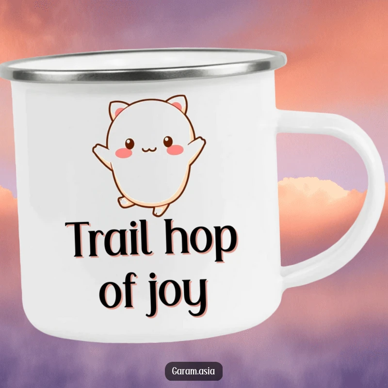 Funny kawaii wagashi character doing a cheerful hop on a durable camping mug.