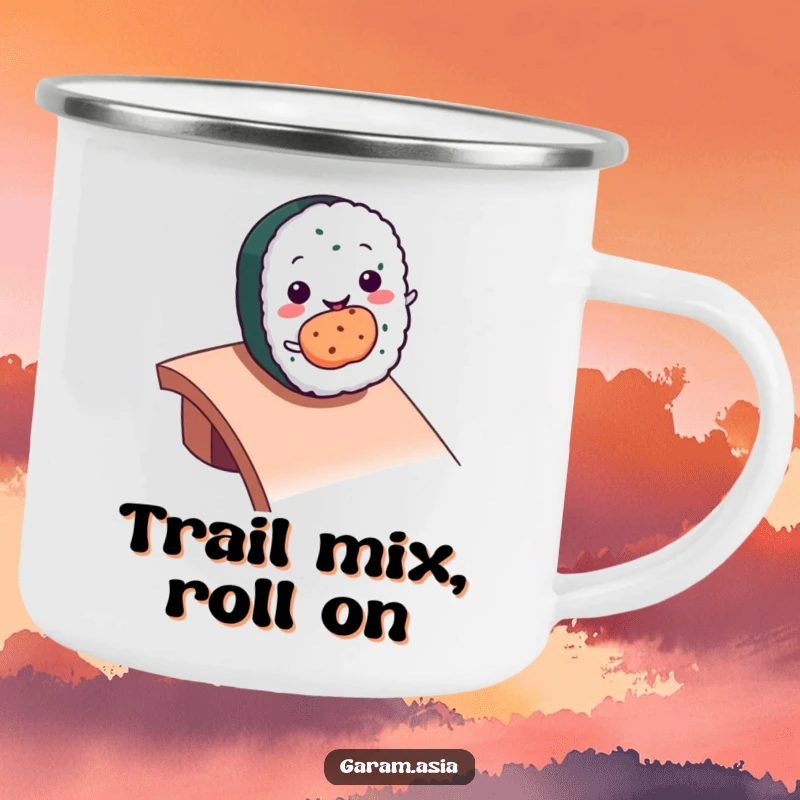 Funny kawaii smiling sushi roll character rolling down a ramp on a durable camping mug.