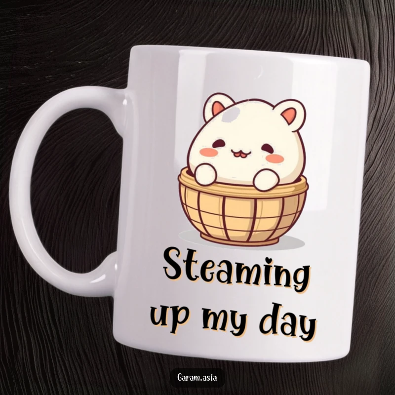 A mischievous bao bun peeking playfully from behind a steaming basket, featured on a funny mug; a cute cartoon character.