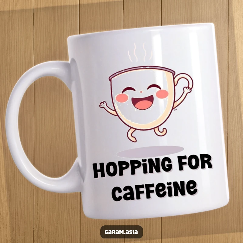 A laughing boba tea cup with wobbly legs doing a silly hop; a funny cartoon character on a mug for cheerful sipping.