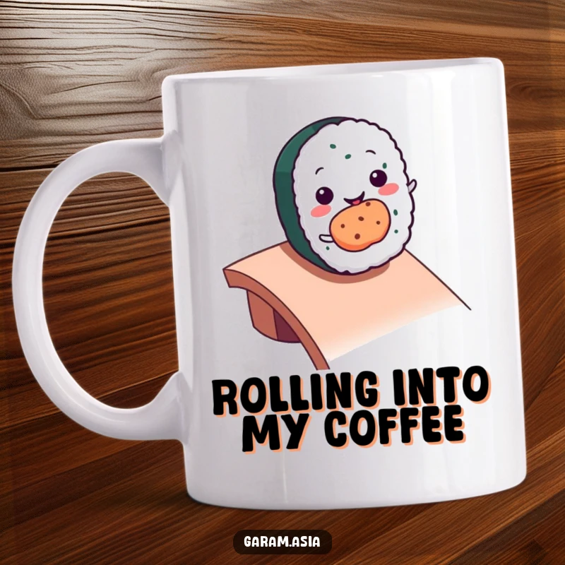 Funny kawaii smiling sushi roll character joyfully rolling down a ramp on a cute mug design.