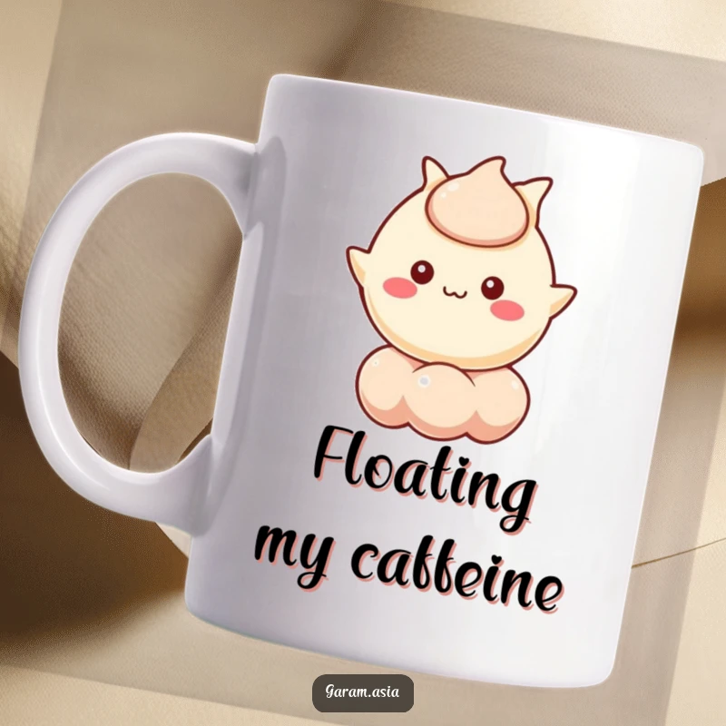 Funny mug featuring a kawaii wonton character cheerfully floating on a stylized bubble. A cute and funny gift.