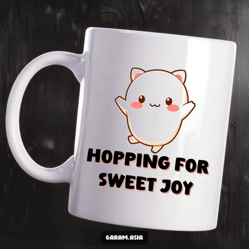 Funny kawaii wagashi character doing a cheerful little hop on a cute mug, radiating sweetness.