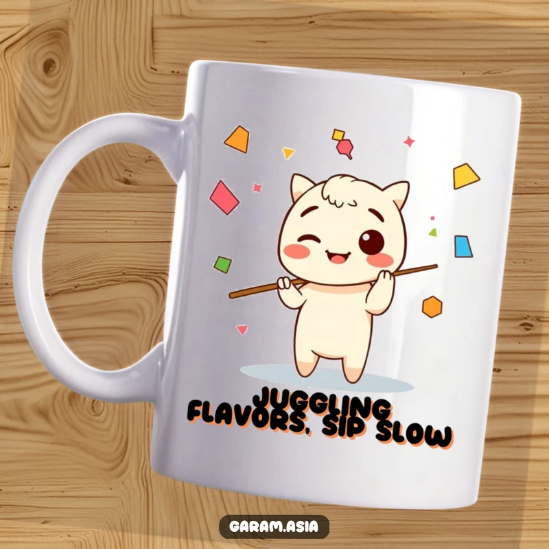Funny mug features a cute Kawaii character made of chopsticks, playfully juggling colorful abstract shapes with joy.