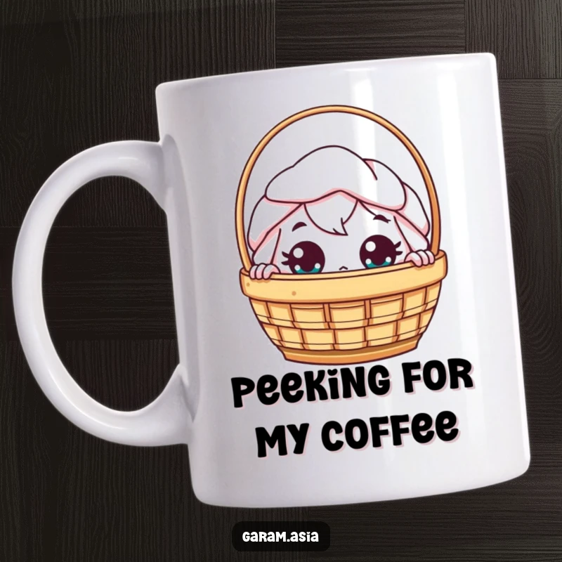 Funny kawaii dim sum basket character peeking curiously with wide eyes on a cute mug.