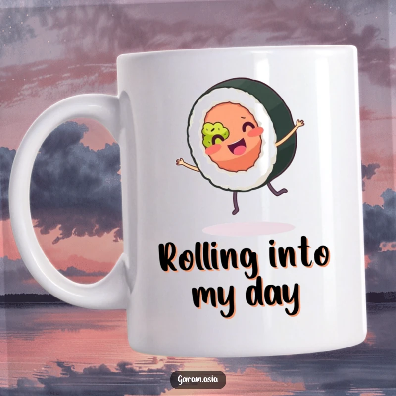 Funny smiling sushi roll with tiny legs doing a joyful cartwheel; a cartoon character on a mug, bringing smiles.