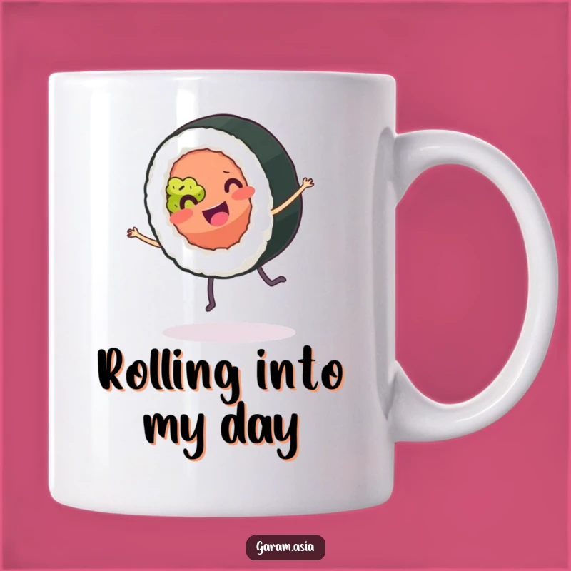 Funny Sushi Roll Cartwheel Mug: Joyful Cartoon Foodie Gift for Sushi Lovers