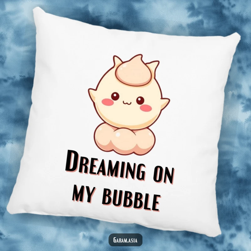 Funny pillow with a soft kawaii wonton character cheerfully floating on a bubble. A cute and funny home accent.