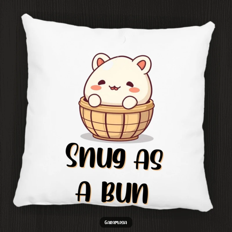 A soft pillow featuring a funny, mischievous bao bun peeking from behind a steaming basket; providing comfort with a humorous touch.