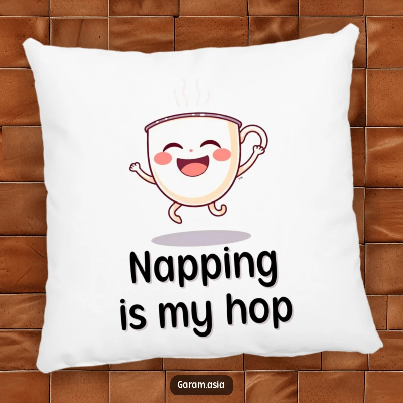 A soft pillow featuring a funny laughing boba tea cup with wobbly legs doing a silly hop; comfortable and humorous decor.