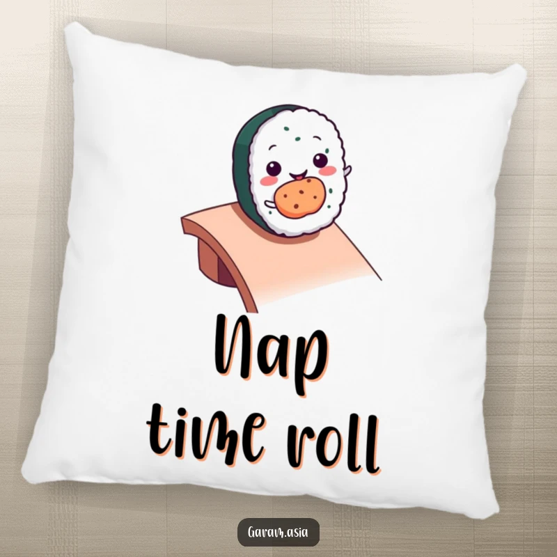 Funny kawaii smiling sushi roll character rolling down a ramp on a soft, comfortable pillow.