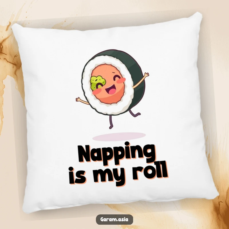 A soft pillow featuring a funny sushi roll with tiny legs doing a joyful cartwheel, providing comfort with a humorous touch.