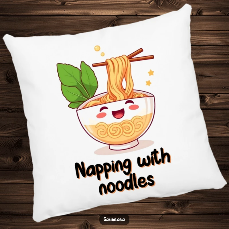 A soft pillow featuring a funny, cheerful bowl of ramen juggling chopsticks; providing comfort with a humorous touch.