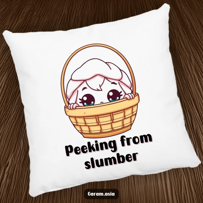Funny kawaii dim sum basket character peeking with wide eyes on a soft, comfortable pillow.