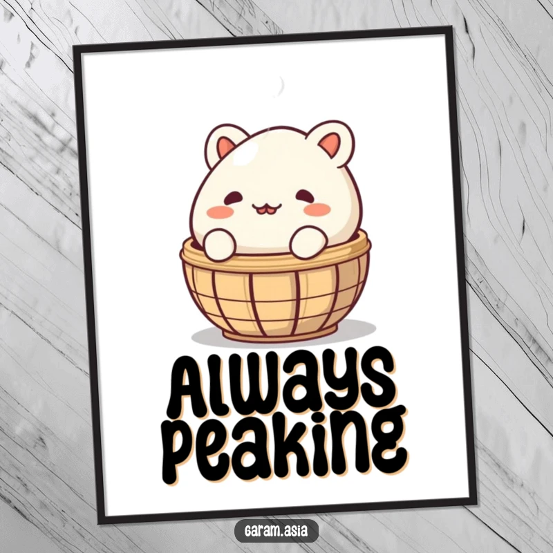 High-resolution digital art print of a funny, mischievous bao bun peeking from behind a steaming basket; instant playful decor.