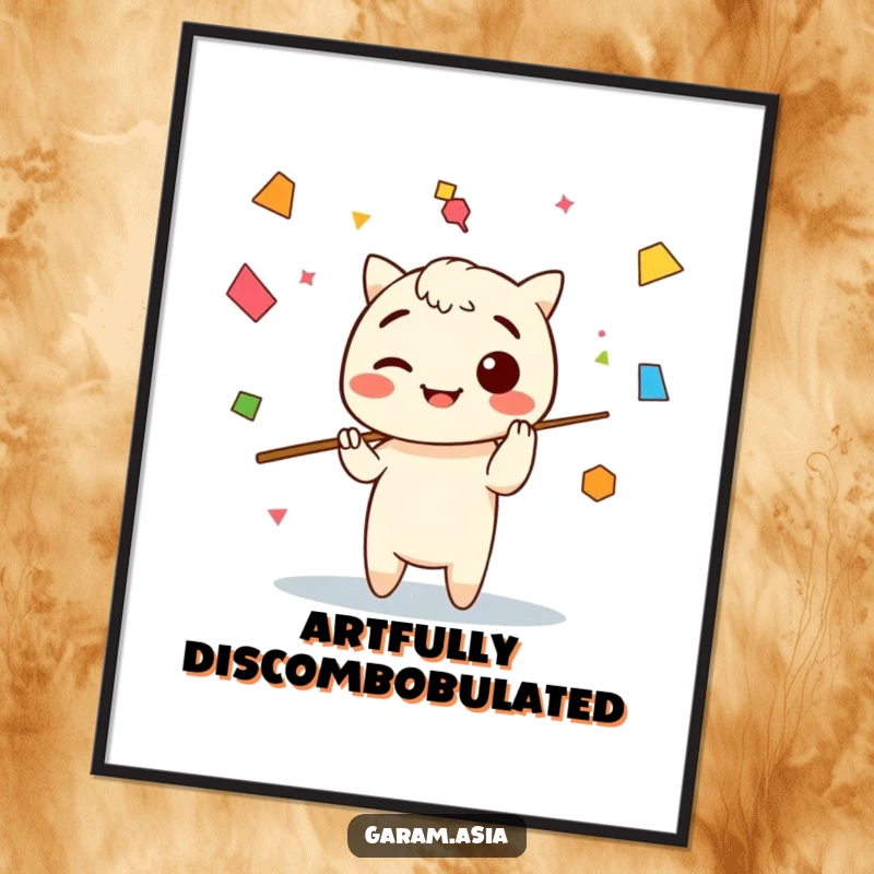 Funny digital art print of a Kawaii chopsticks character playfully juggling abstract shapes, capturing a moment of artistic joy.