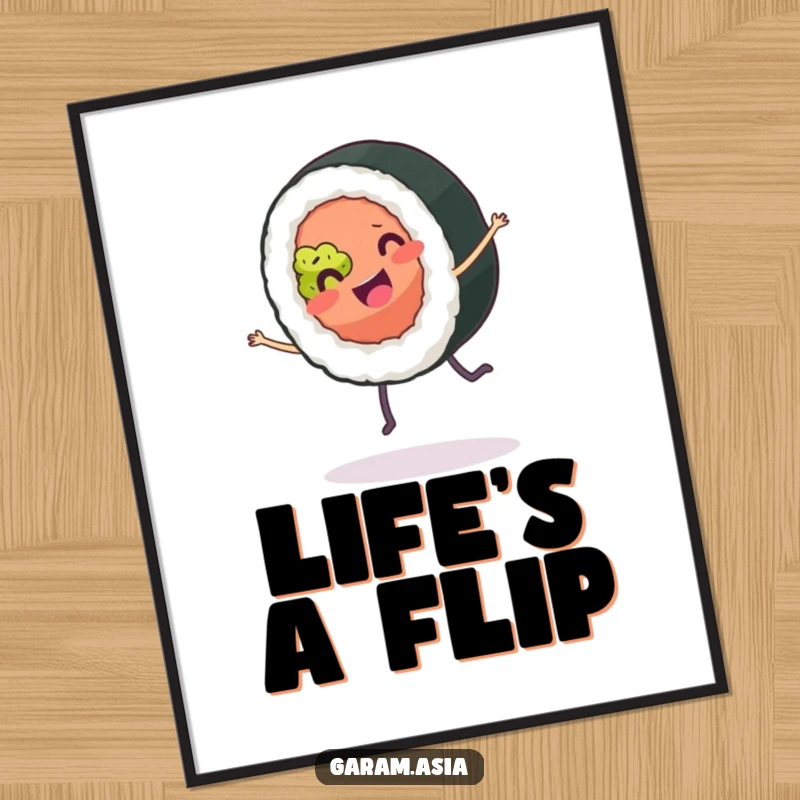 High-resolution digital art print of a funny, smiling sushi roll with tiny legs performing a joyful cartwheel; instant playful decor.