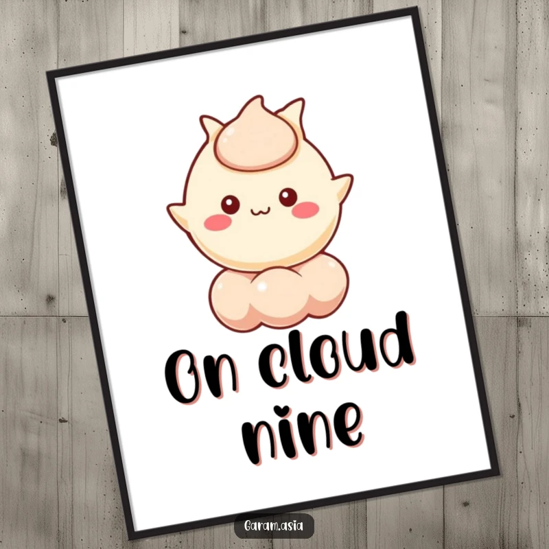 Funny digital art of a kawaii wonton character cheerfully floating on a bubble. Humorous and instantly downloadable.