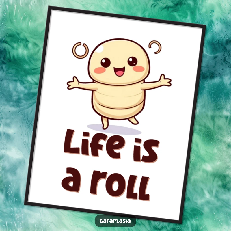 Funny digital art of a kawaii spring roll character in a cheerful twirl with loops. Humorous and instantly downloadable.