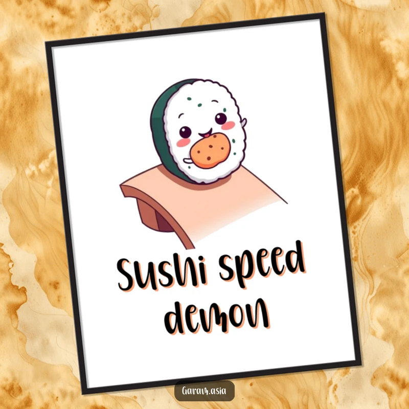 Funny kawaii smiling sushi roll character rolling down a ramp, a digital art print.