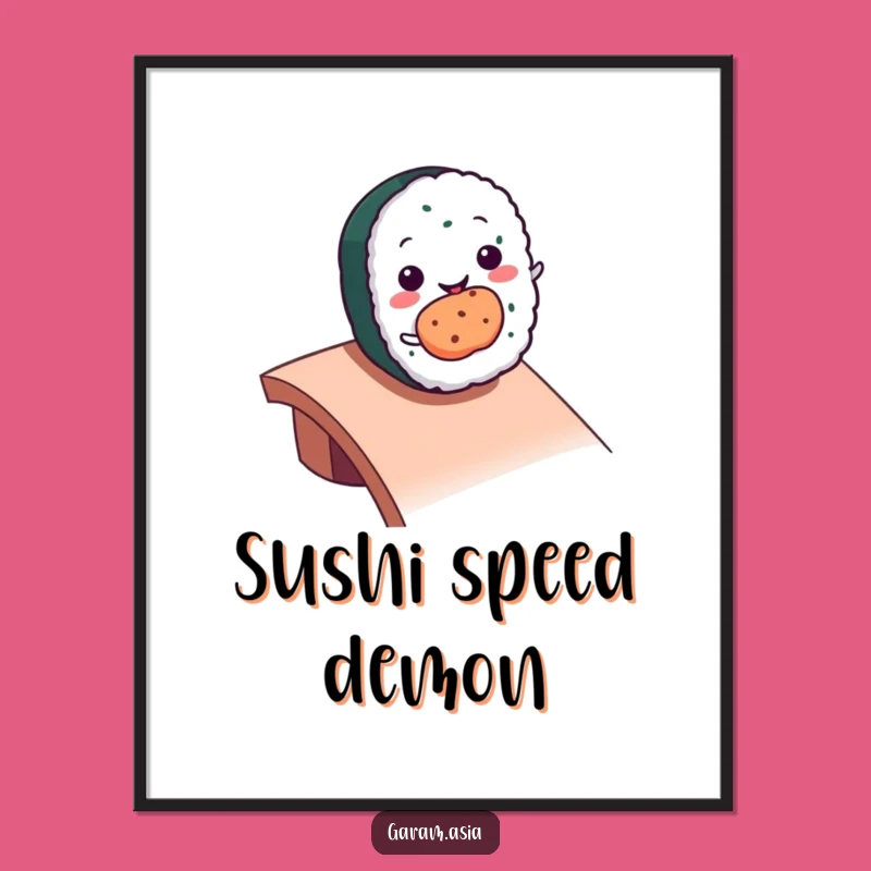 Funny Kawaii Sushi Roll Digital Art: Ramp Rolling Action, Instant Foodie Decor