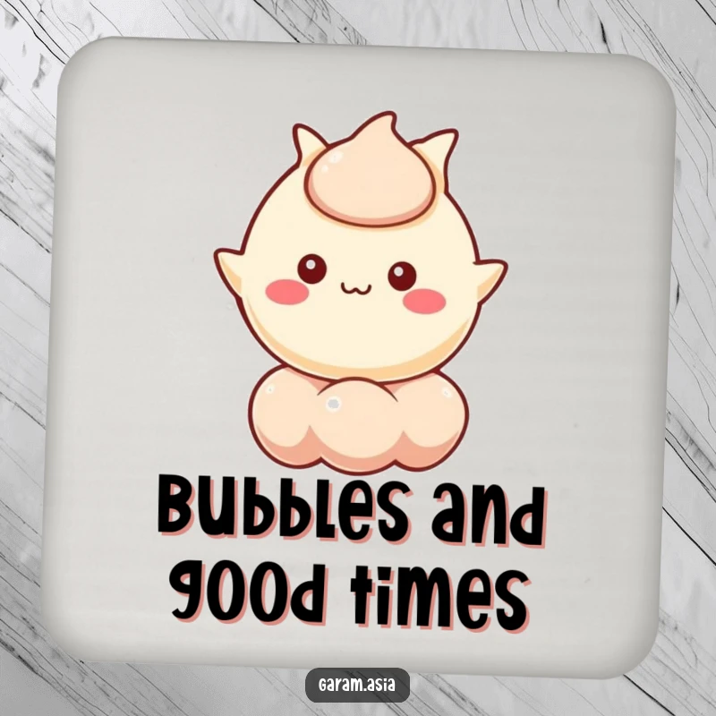 Funny drink coaster with a kawaii wonton character cheerfully floating on a bubble. A small but humorous table accessory.