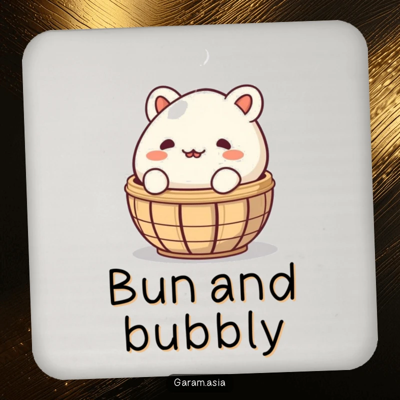 A funny drink coaster featuring a mischievous bao bun peeking from behind a steaming basket; protecting tables with humor.