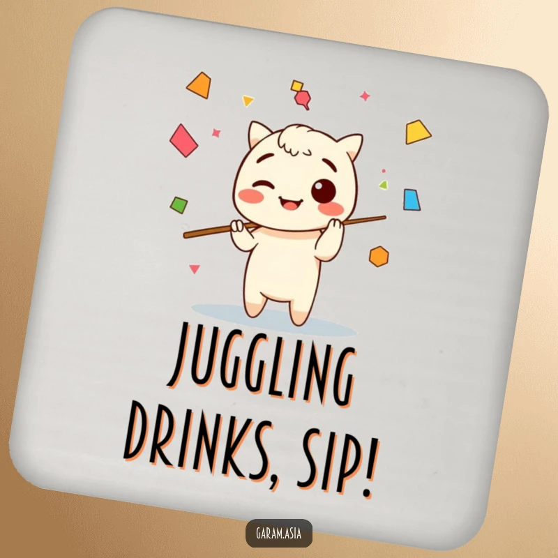 Funny drink coaster featuring a Kawaii chopsticks character juggling abstract shapes, adding artistic protection with cute flair.