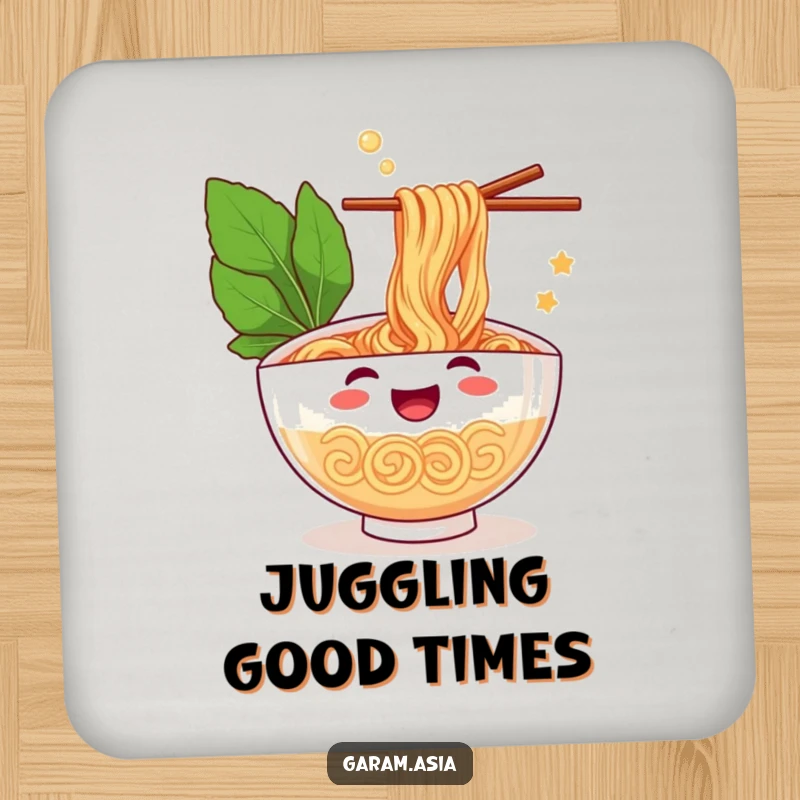 A funny drink coaster featuring a cheerful bowl of ramen juggling chopsticks; protecting tables with humor and style.