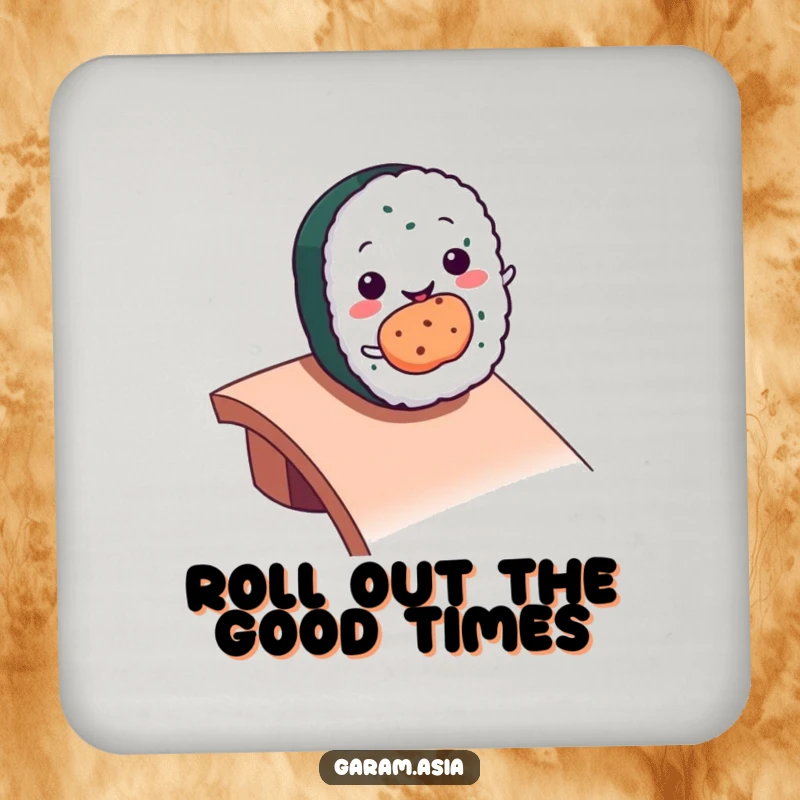 Funny kawaii smiling sushi roll character rolling down a ramp on a set of drink coasters.