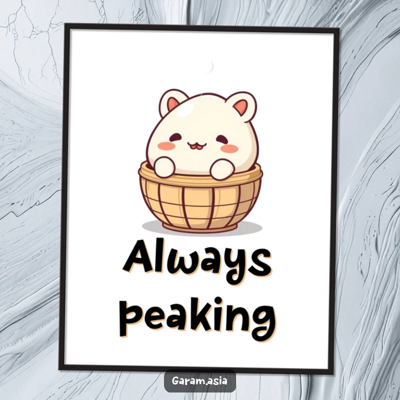 A vibrant poster of a funny, mischievous bao bun peeking from behind a steaming basket; adding quirky, humorous decor.