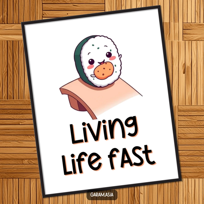 Funny kawaii smiling sushi roll character rolling down a ramp on a vibrant art print.