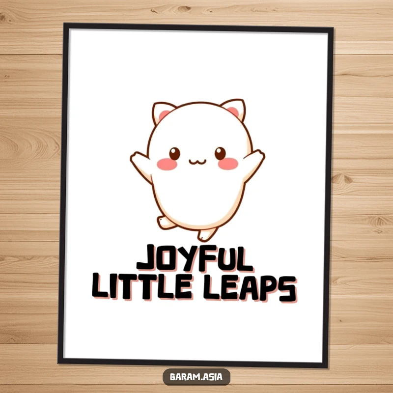 Funny kawaii wagashi character performing a cheerful little hop on a vibrant art print.
