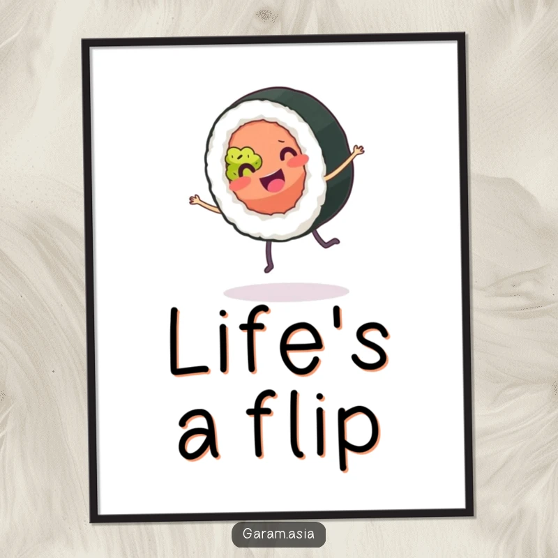 A vibrant poster of a funny, smiling sushi roll doing a joyful cartwheel, adding a touch of whimsical food art to any room.