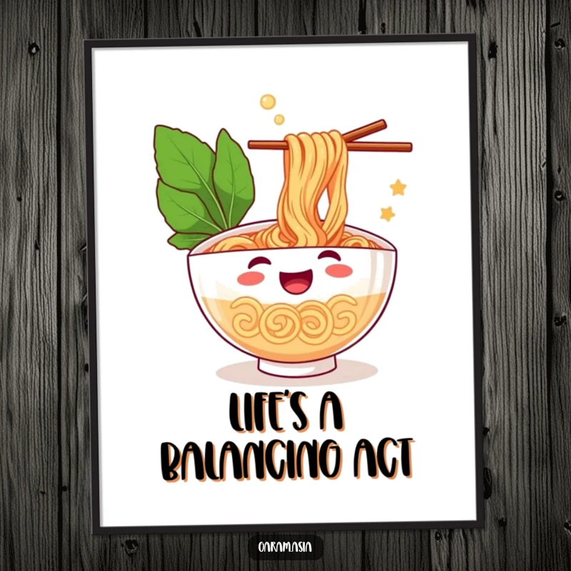 A vibrant poster of a funny, cheerful bowl of ramen artfully juggling chopsticks; adding quirky, humorous decor.