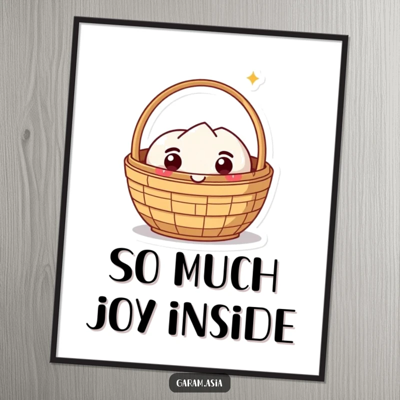 Funny poster art of a kawaii dim sum basket character radiating pure delight. A humorous and visually appealing piece.