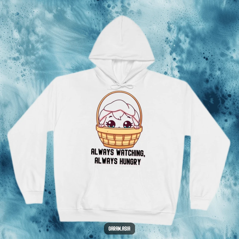 Funny kawaii dim sum basket character peeking with wide eyes on a soft, warm hoodie.