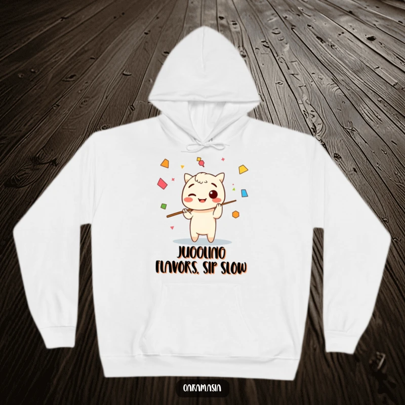 Funny hoodie featuring a Kawaii chopsticks character jugging colorful abstract shapes, offering cozy comfort and artistic flair.