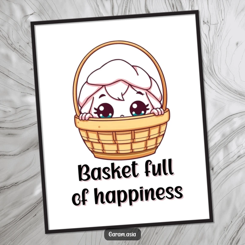 Funny Free Printable Wall Art featuring a kawaii dim sum basket character peeking out with wide, curious eyes, full of playful wonder.
