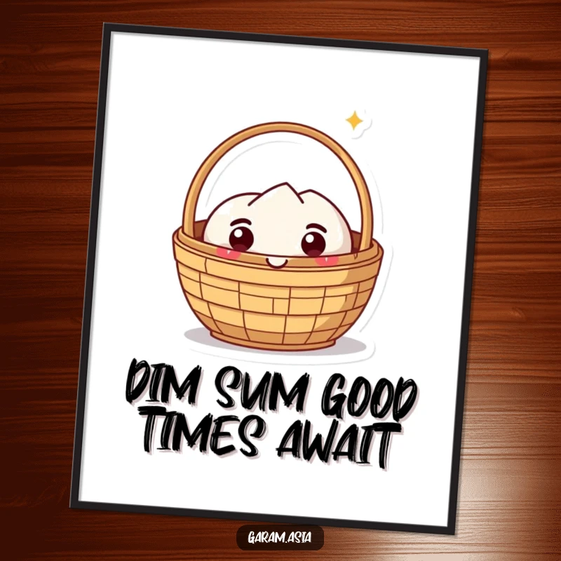 Funny Free Printable Wall Art featuring a kawaii dim sum basket character looking utterly delighted and ready to charm.
